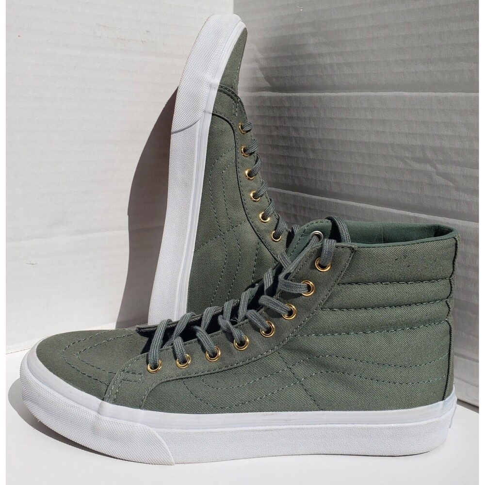 Vans Sk8-Hi Olive Green Canvas High Top Unisex Skate Sneakers 7M/8.5W Gold Gromt